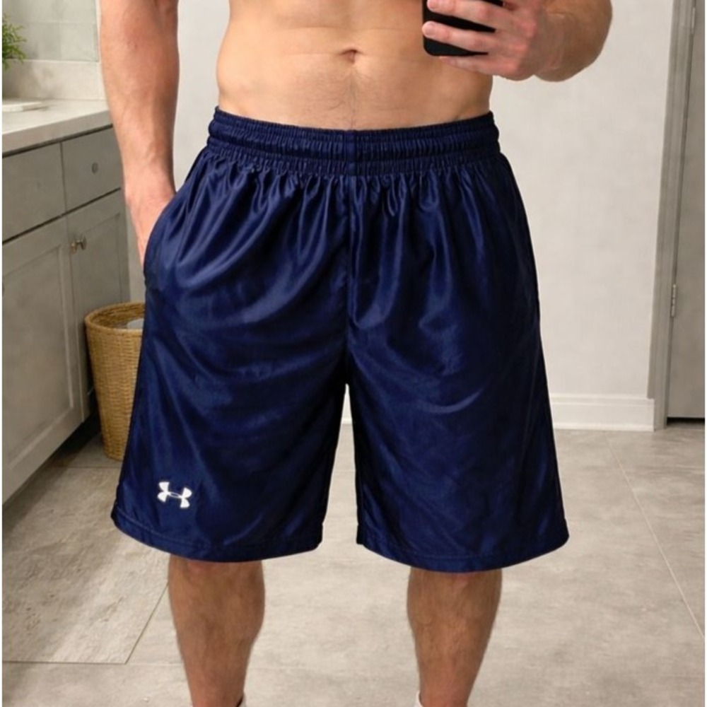 VTG Under Armour Mens Small Basketball Shorts Navy Blue‎ Mens Dazzle Shiny Silky